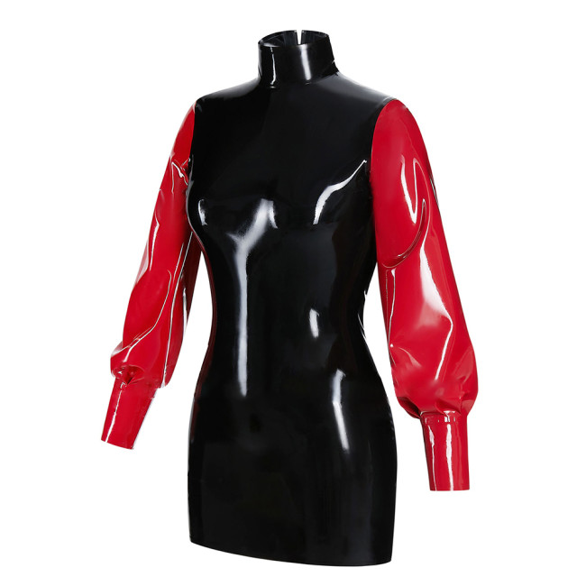 Fashionable Bubble Long Sleeve Mini Dress Back zipper color blocked tight dress Artificial leather fashion style bodycon dress