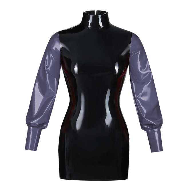 Fashionable Bubble Long Sleeve Mini Dress Back zipper color blocked tight dress Artificial leather fashion style bodycon dress