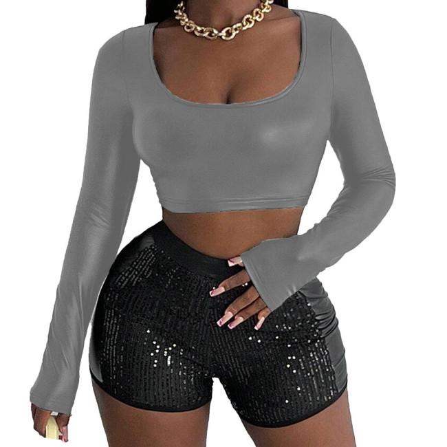 Sexy Hotties Unique Cropped Tops PU Faux Leather Long Sleeve T-shirt Womens Scoop Neck Tight Top Casual Fashion Short Tee Shirts