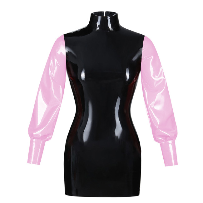 Fashionable Bubble Long Sleeve Mini Dress Back zipper color blocked tight dress Artificial leather fashion style bodycon dress
