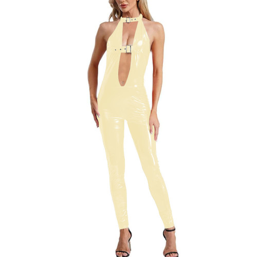 Shiny leather PVC bodysuit sexy costume women backless hanging neck sleeveless jumpsuit Fashion jumpsuit with chest buckle 7XL