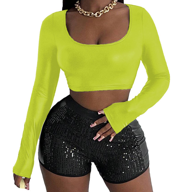 Sexy Hotties Unique Cropped Tops PU Faux Leather Long Sleeve T-shirt Womens Scoop Neck Tight Top Casual Fashion Short Tee Shirts
