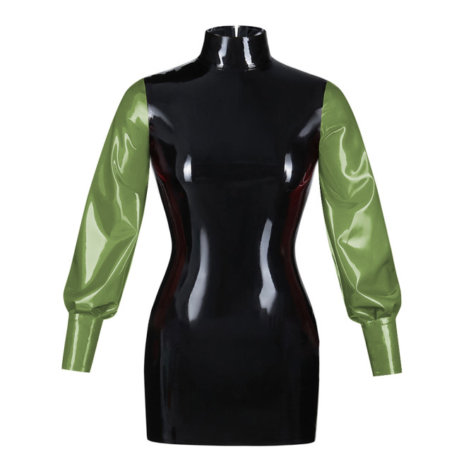 Fashionable Bubble Long Sleeve Mini Dress Back zipper color blocked tight dress Artificial leather fashion style bodycon dress