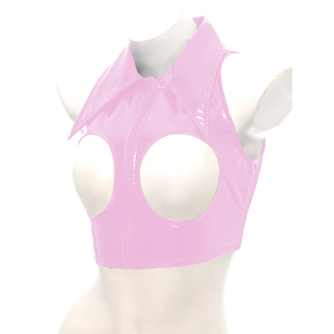 Exotic Sexy Open Chest Wetlook Tops Zip Front Turn-down Collar Croped Jacket PVC Patent Leather Sleeveless Cut Out Top Lingerie