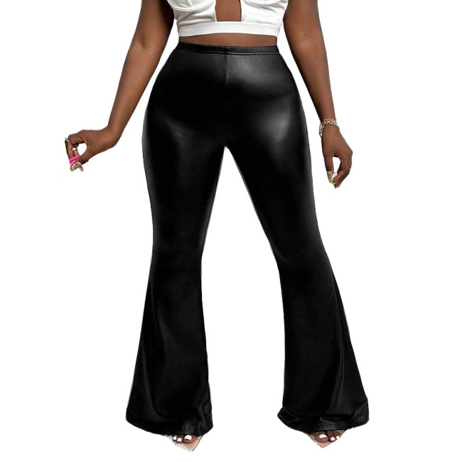 Ladies PU Slim Flared Pants Solid Color Stretch Bell Bottom for Womens High Street Wide Leg Trousers Casual Fashion Stylish Pant