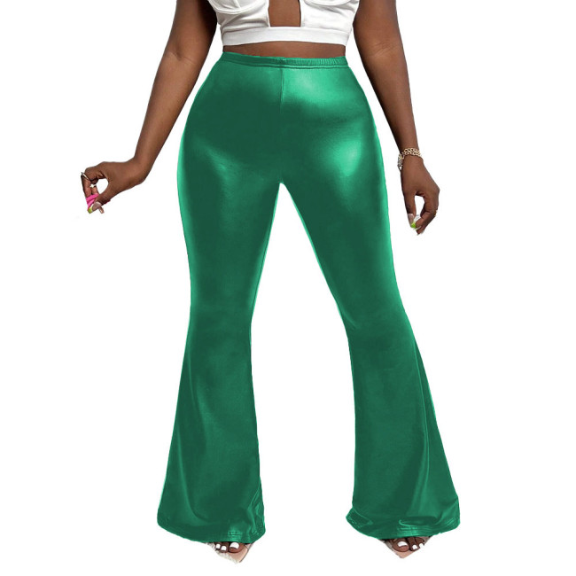 Ladies PU Slim Flared Pants Solid Color Stretch Bell Bottom for Womens High Street Wide Leg Trousers Casual Fashion Stylish Pant