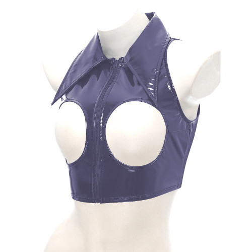Exotic Sexy Open Chest Wetlook Tops Zip Front Turn-down Collar Croped Jacket PVC Patent Leather Sleeveless Cut Out Top Lingerie