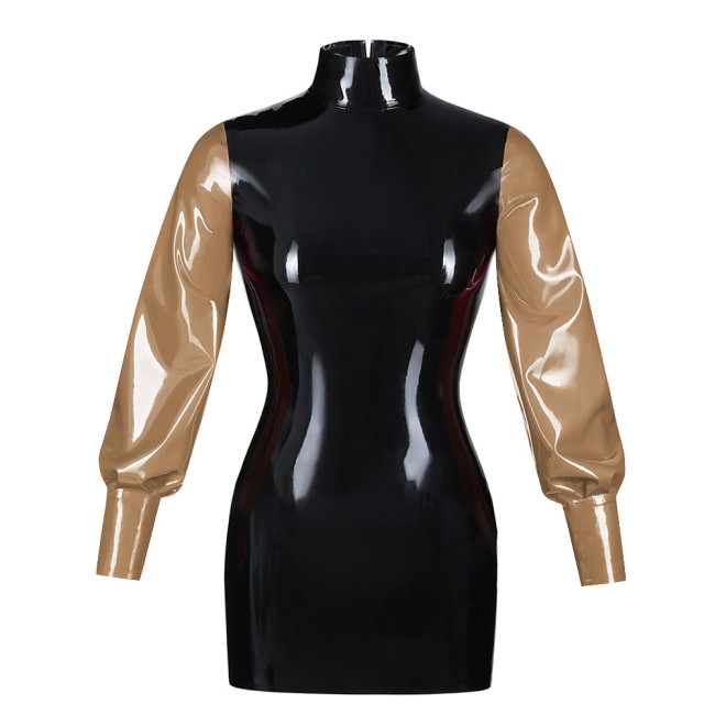 Fashionable Bubble Long Sleeve Mini Dress Back zipper color blocked tight dress Artificial leather fashion style bodycon dress