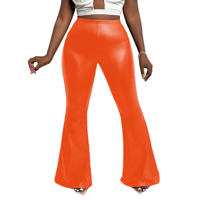 Ladies PU Slim Flared Pants Solid Color Stretch Bell Bottom for Womens High Street Wide Leg Trousers Casual Fashion Stylish Pant
