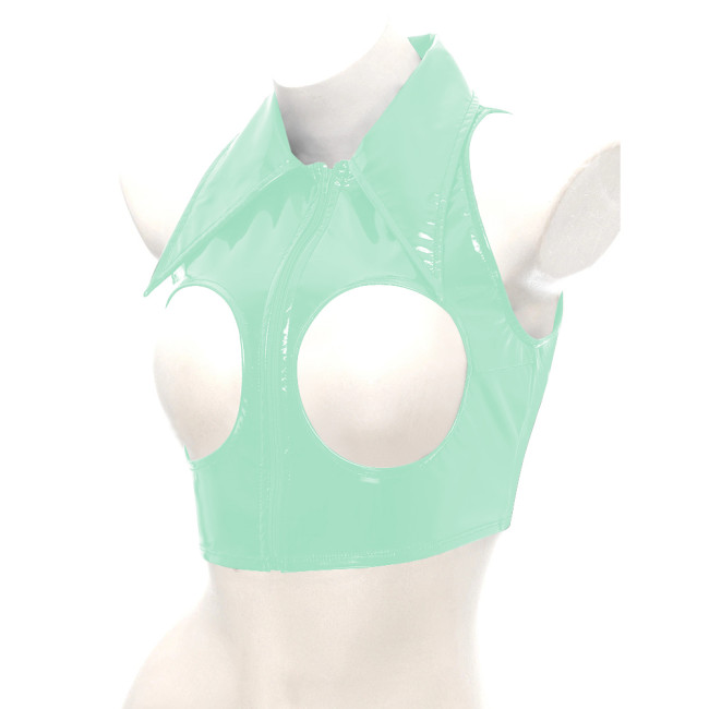 Exotic Sexy Open Chest Wetlook Tops Zip Front Turn-down Collar Croped Jacket PVC Patent Leather Sleeveless Cut Out Top Lingerie