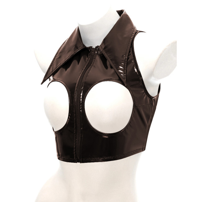 Exotic Sexy Open Chest Wetlook Tops Zip Front Turn-down Collar Croped Jacket PVC Patent Leather Sleeveless Cut Out Top Lingerie