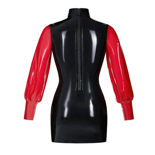 Fashionable Bubble Long Sleeve Mini Dress Back zipper color blocked tight dress Artificial leather fashion style bodycon dress