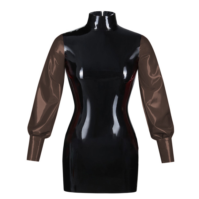 Fashionable Bubble Long Sleeve Mini Dress Back zipper color blocked tight dress Artificial leather fashion style bodycon dress