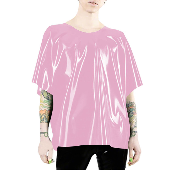 Glossy PVC Leather T Shirts for Woman Mens Elegant Batwing Sleeves T Shirt Latex-look Casual Short Sleeves Loose Tops Clubwear