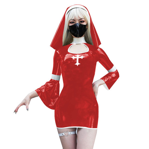 Naughty Sexy Nun Cosplay Dress Outfits Flared Long Sleeve Tight Mini Dress with Headscarf Halloween Party Fancy Sister Nun Dress