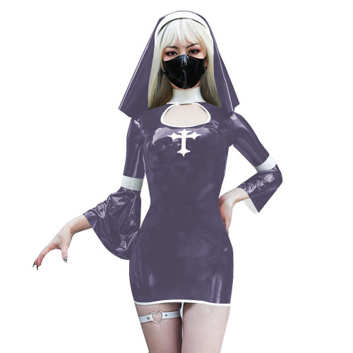 Naughty Sexy Nun Cosplay Dress Outfits Flared Long Sleeve Tight Mini Dress with Headscarf Halloween Party Fancy Sister Nun Dress