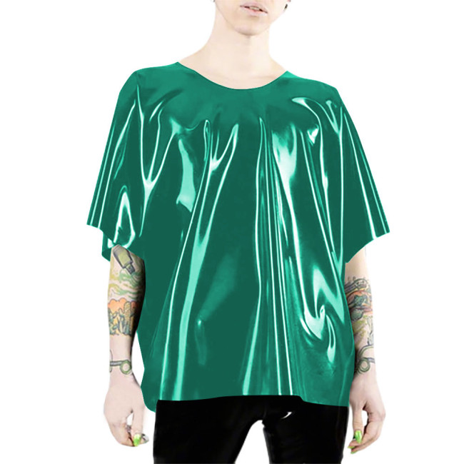Glossy PVC Leather T Shirts for Woman Mens Elegant Batwing Sleeves T Shirt Latex-look Casual Short Sleeves Loose Tops Clubwear