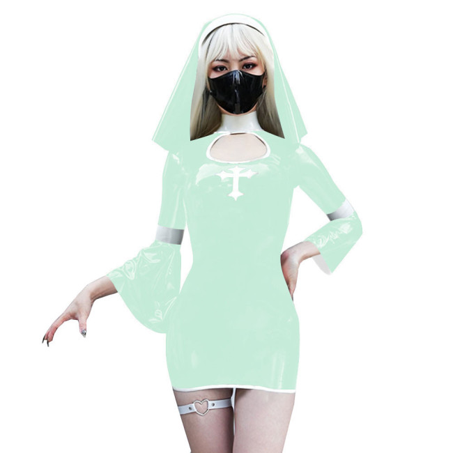 Naughty Sexy Nun Cosplay Dress Outfits Flared Long Sleeve Tight Mini Dress with Headscarf Halloween Party Fancy Sister Nun Dress