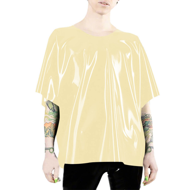 Glossy PVC Leather T Shirts for Woman Mens Elegant Batwing Sleeves T Shirt Latex-look Casual Short Sleeves Loose Tops Clubwear