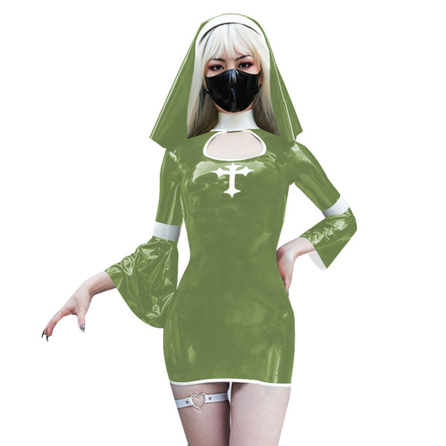 Naughty Sexy Nun Cosplay Dress Outfits Flared Long Sleeve Tight Mini Dress with Headscarf Halloween Party Fancy Sister Nun Dress