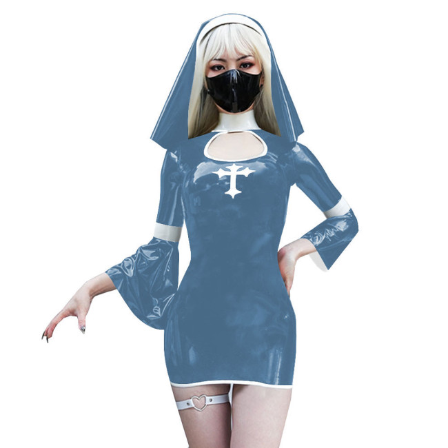 Naughty Sexy Nun Cosplay Dress Outfits Flared Long Sleeve Tight Mini Dress with Headscarf Halloween Party Fancy Sister Nun Dress