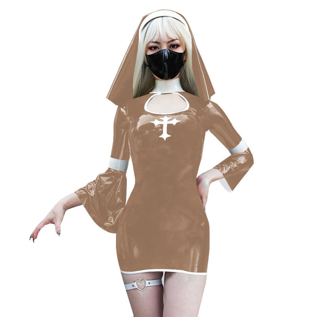 Naughty Sexy Nun Cosplay Dress Outfits Flared Long Sleeve Tight Mini Dress with Headscarf Halloween Party Fancy Sister Nun Dress