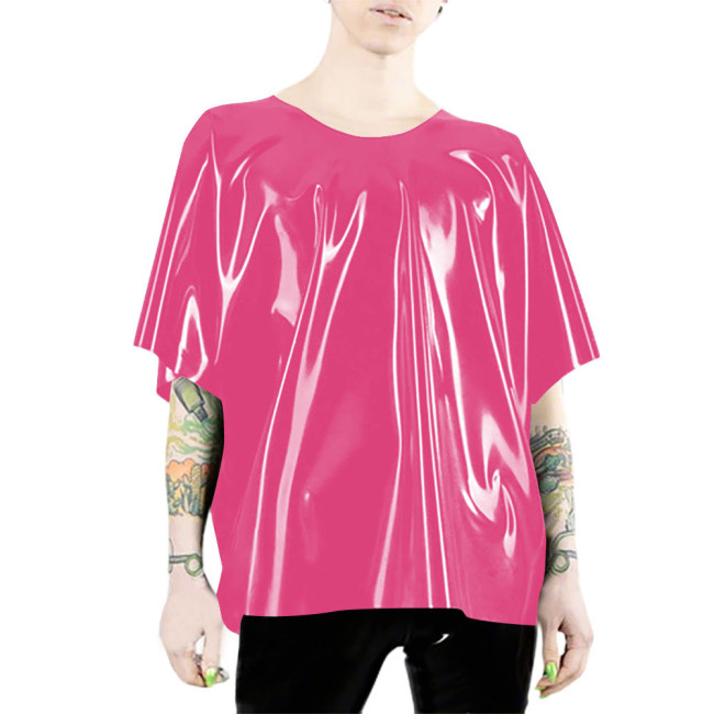 Glossy PVC Leather T Shirts for Woman Mens Elegant Batwing Sleeves T Shirt Latex-look Casual Short Sleeves Loose Tops Clubwear