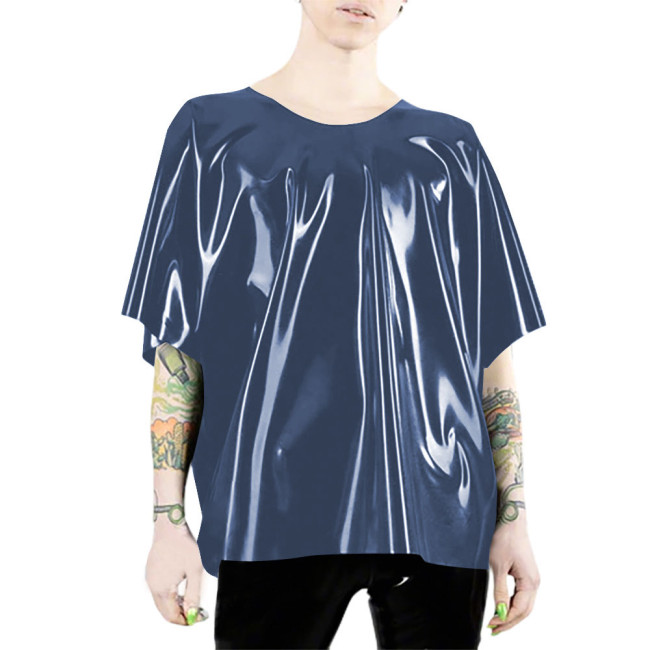 Glossy PVC Leather T Shirts for Woman Mens Elegant Batwing Sleeves T Shirt Latex-look Casual Short Sleeves Loose Tops Clubwear