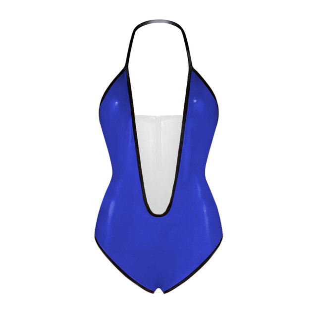 Sexy Plunging V Neck Sleeveless Glossy Bodysuit Vinyl PVC Leather Backless Halter High Cut Rompers Exotic Lingerie Clubwear 7XL