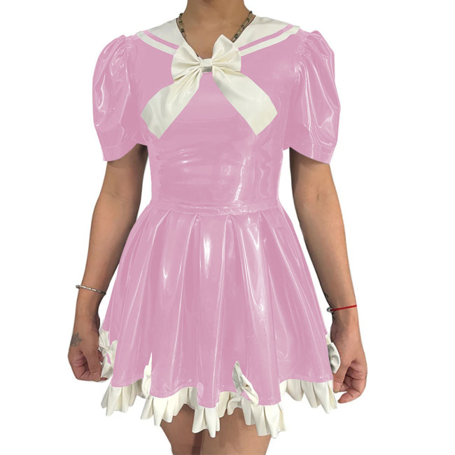 College Style Lolita Bow Mini Dress Latex-look PVC Leather Puff Sleeves Pleated Short Dress Sweet Cosplay Sailor Party Dresses