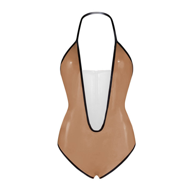 Sexy Plunging V Neck Sleeveless Glossy Bodysuit Vinyl PVC Leather Backless Halter High Cut Rompers Exotic Lingerie Clubwear 7XL