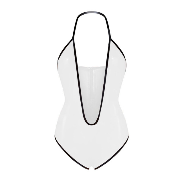 Sexy Plunging V Neck Sleeveless Glossy Bodysuit Vinyl PVC Leather Backless Halter High Cut Rompers Exotic Lingerie Clubwear 7XL