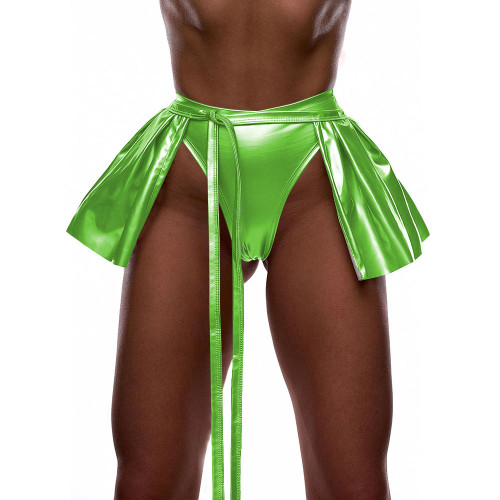 Sexy Matte Faux Leather Mini Skirt with Panties Ladies Stretch High Waist Pleated Lace-up Open Front Skirts for Dancing Parties