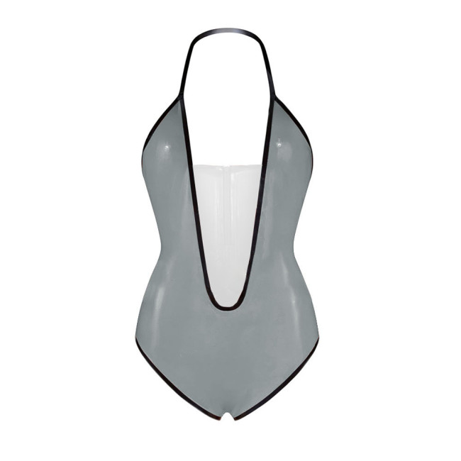 Sexy Plunging V Neck Sleeveless Glossy Bodysuit Vinyl PVC Leather Backless Halter High Cut Rompers Exotic Lingerie Clubwear 7XL