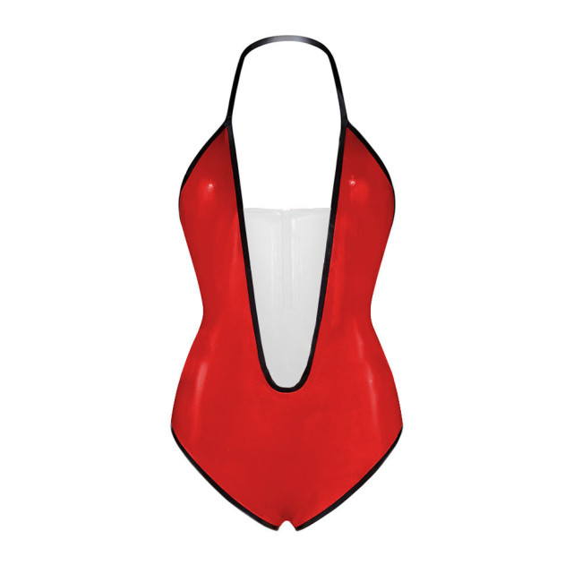 Sexy Plunging V Neck Sleeveless Glossy Bodysuit Vinyl PVC Leather Backless Halter High Cut Rompers Exotic Lingerie Clubwear 7XL