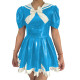 College Style Lolita Bow Mini Dress Latex-look PVC Leather Puff Sleeves Pleated Short Dress Sweet Cosplay Sailor Party Dresses