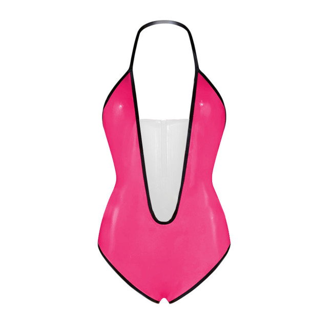 Sexy Plunging V Neck Sleeveless Glossy Bodysuit Vinyl PVC Leather Backless Halter High Cut Rompers Exotic Lingerie Clubwear 7XL
