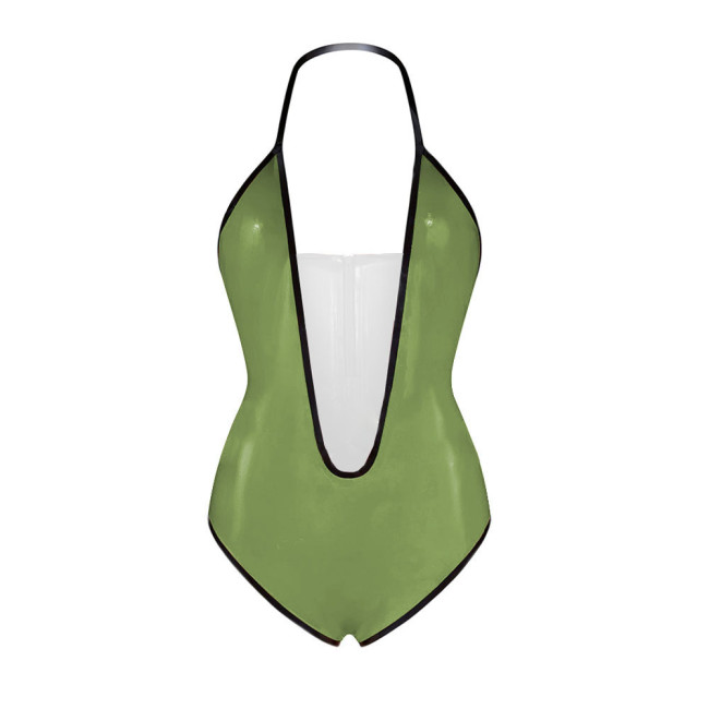 Sexy Plunging V Neck Sleeveless Glossy Bodysuit Vinyl PVC Leather Backless Halter High Cut Rompers Exotic Lingerie Clubwear 7XL