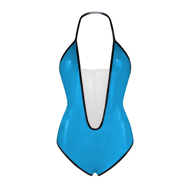 Sexy Plunging V Neck Sleeveless Glossy Bodysuit Vinyl PVC Leather Backless Halter High Cut Rompers Exotic Lingerie Clubwear 7XL