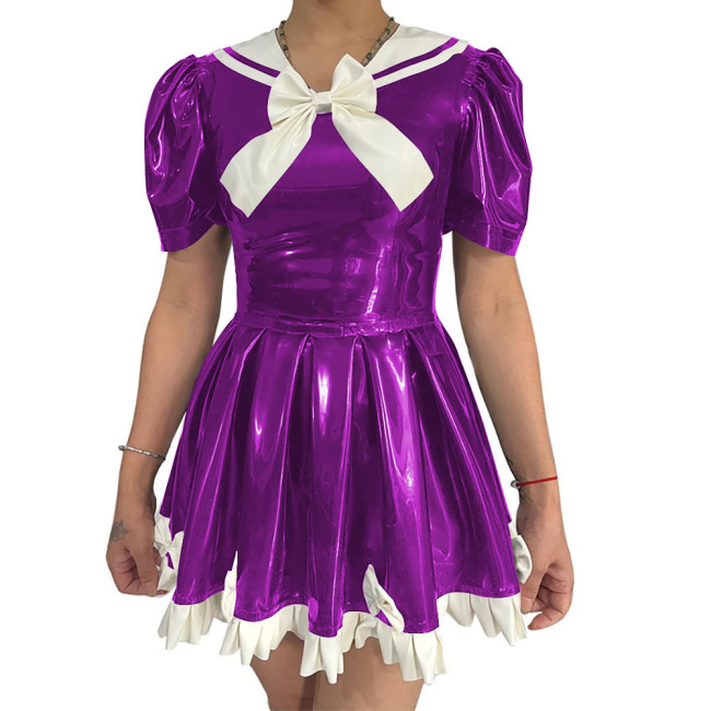 College Style Lolita Bow Mini Dress Latex-look PVC Leather Puff Sleeves Pleated Short Dress Sweet Cosplay Sailor Party Dresses
