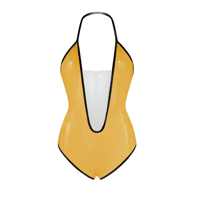 Sexy Plunging V Neck Sleeveless Glossy Bodysuit Vinyl PVC Leather Backless Halter High Cut Rompers Exotic Lingerie Clubwear 7XL
