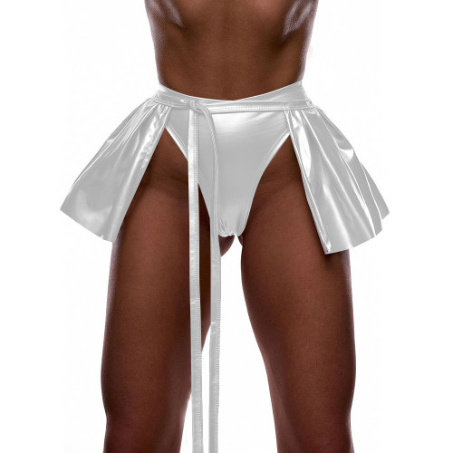 Sexy Matte Faux Leather Mini Skirt with Panties Ladies Stretch High Waist Pleated Lace-up Open Front Skirts for Dancing Parties