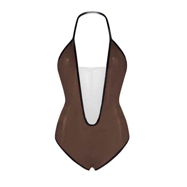 Sexy Plunging V Neck Sleeveless Glossy Bodysuit Vinyl PVC Leather Backless Halter High Cut Rompers Exotic Lingerie Clubwear 7XL