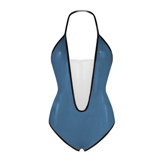Sexy Plunging V Neck Sleeveless Glossy Bodysuit Vinyl PVC Leather Backless Halter High Cut Rompers Exotic Lingerie Clubwear 7XL