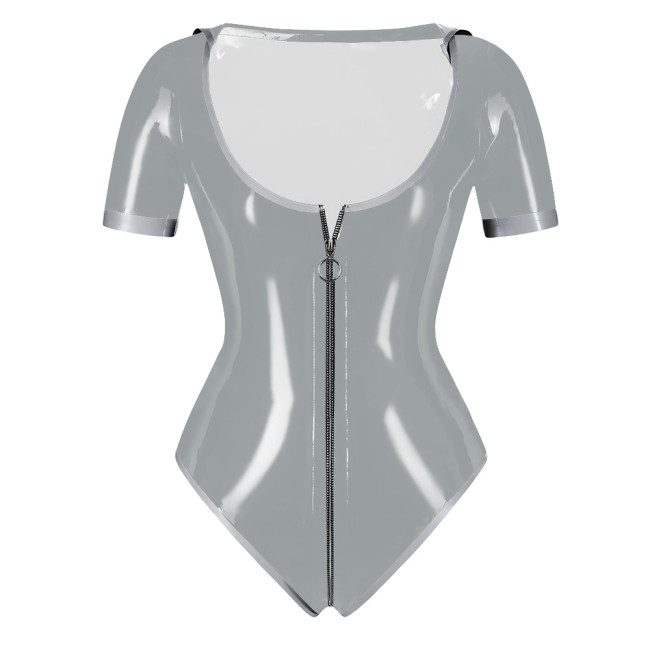 PVC Patent Leather Sailor Collar Bodysuit Sexy Zipper Open Crotch Wetlook High Cut Rompers Fetish Sissy Party Cosplay Top Zentai