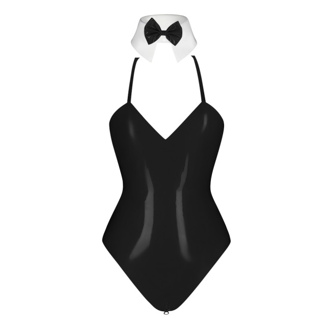PVC Patent Leather Sailor Collar Bodysuit Sexy Zipper Open Crotch Wetlook High Cut Rompers Fetish Sissy Party Cosplay Top Zentai