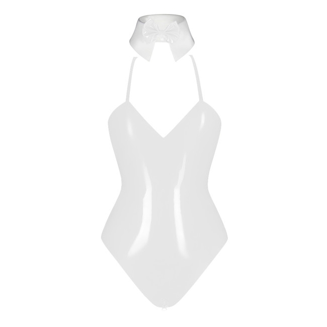 PVC Patent Leather Sailor Collar Bodysuit Sexy Zipper Open Crotch Wetlook High Cut Rompers Fetish Sissy Party Cosplay Top Zentai