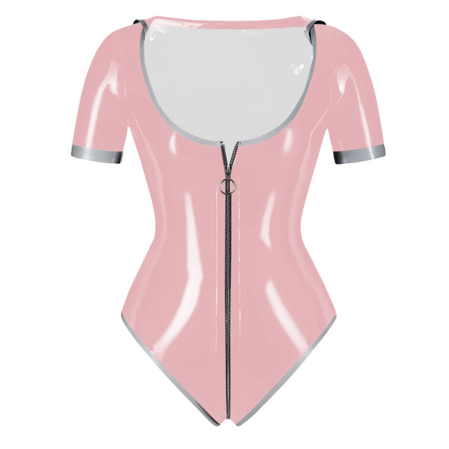 PVC Patent Leather Sailor Collar Bodysuit Sexy Zipper Open Crotch Wetlook High Cut Rompers Fetish Sissy Party Cosplay Top Zentai