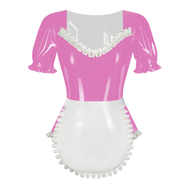 Sissy Puff Sleeve Lolita Maid Bodysuit with Apron Latex-look PVC Leather Ruffles Maid Outfits Sexy Fetish Roleplay Maid Uniforms