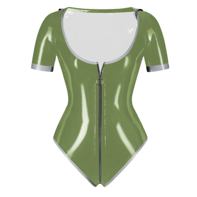 PVC Patent Leather Sailor Collar Bodysuit Sexy Zipper Open Crotch Wetlook High Cut Rompers Fetish Sissy Party Cosplay Top Zentai
